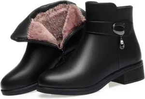 Women Winter Warm Low Block Heel Snow Booties Leather Side Zipper Sparkling Rhinestones Fully Fur Lined Thickening Softsole Ankle Boots