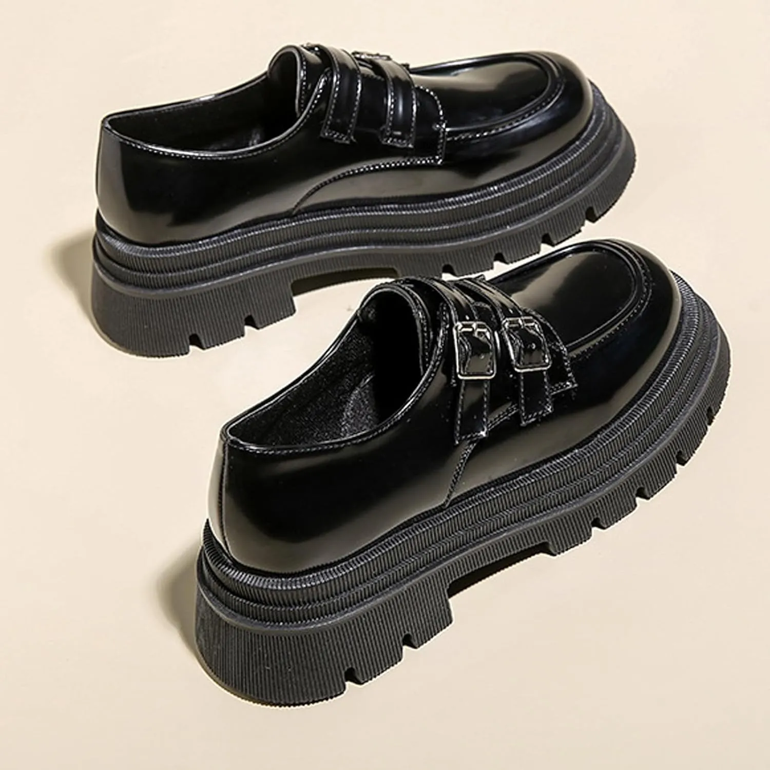 Women's Adjustable Double Buckle Platform Loafers,Classic Chunky Heel Lug Sole Loafers Comfort Round Toe Slip-on Business Work Penny Shoes for Women