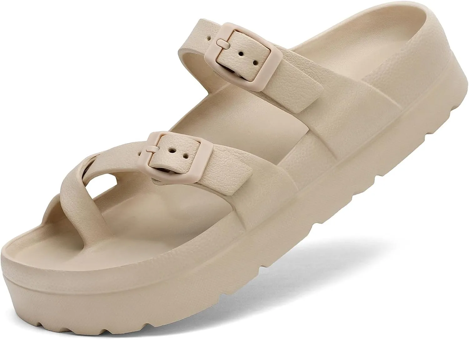 Womens Arch Support Platform Sandals Comfort Slides Thick Soles Flat Sandals With Adjustable Buckle & Ultra Cushion
