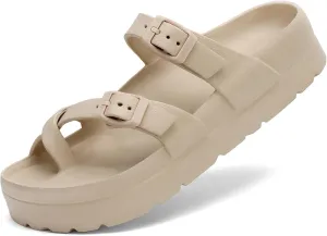 Womens Arch Support Platform Sandals Comfort Slides Thick Soles Flat Sandals With Adjustable Buckle & Ultra Cushion