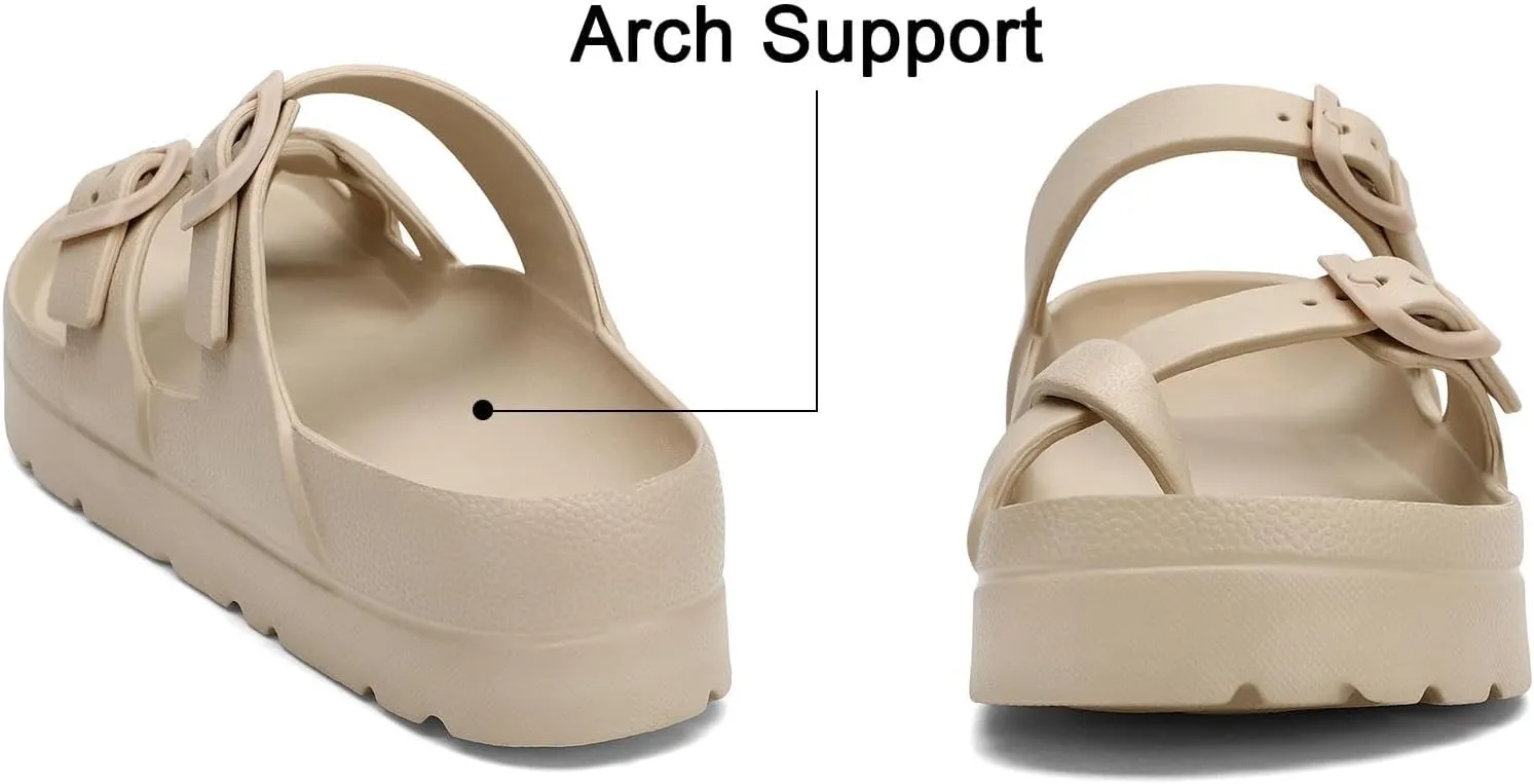 Womens Arch Support Platform Sandals Comfort Slides Thick Soles Flat Sandals With Adjustable Buckle & Ultra Cushion
