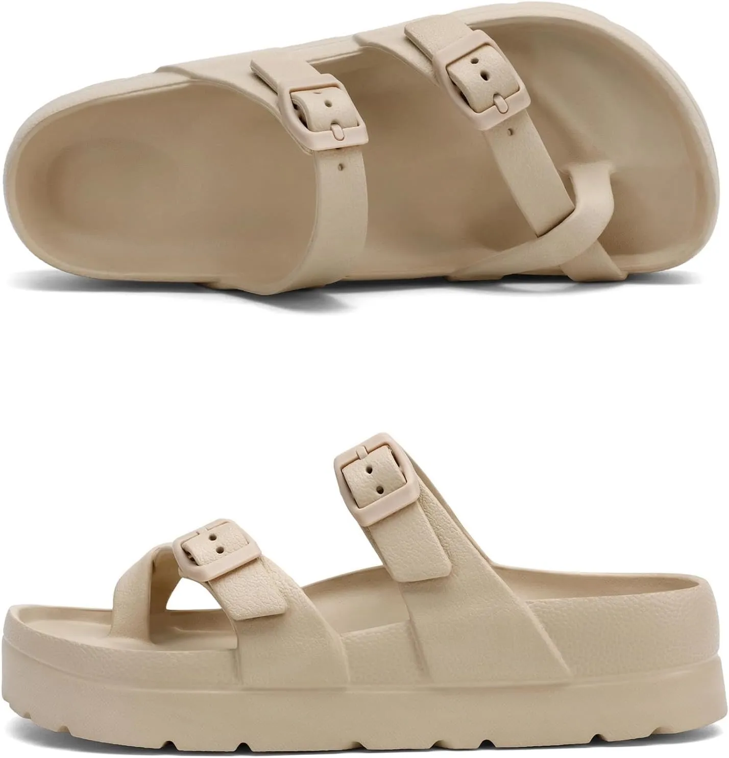 Womens Arch Support Platform Sandals Comfort Slides Thick Soles Flat Sandals With Adjustable Buckle & Ultra Cushion