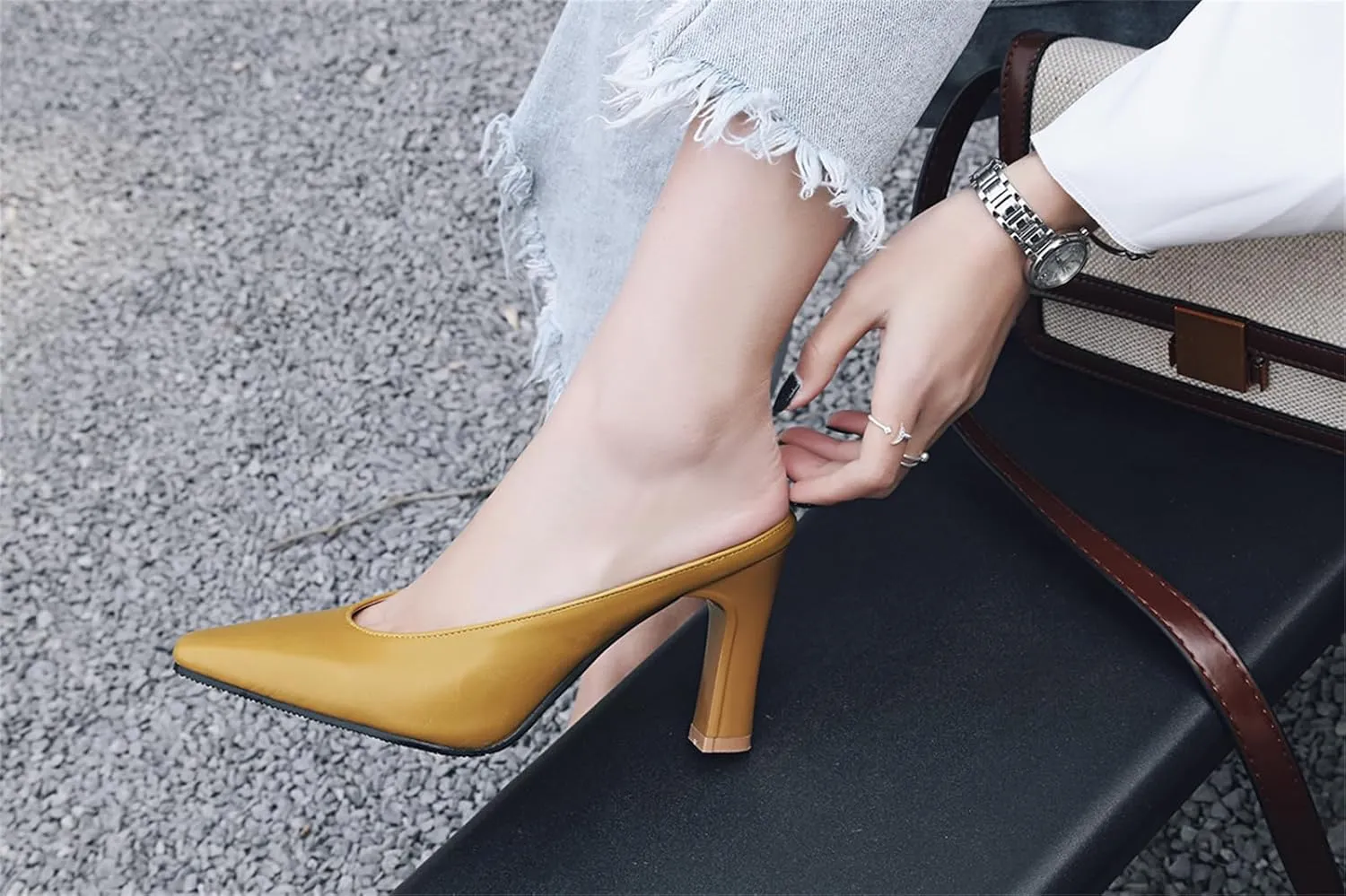 Women's Basic High Chunky Heel Mules for Women Pointed Toe Slip-On Backless Slide Sandals Pumps Work Casual Fashion Business Dress Party Office Comfortable Leather Shoes
