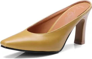 Women's Basic High Chunky Heel Mules for Women Pointed Toe Slip-On Backless Slide Sandals Pumps Work Casual Fashion Business Dress Party Office Comfortable Leather Shoes