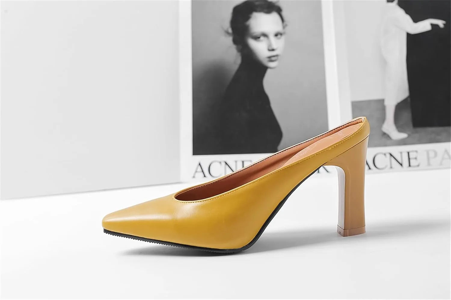 Women's Basic High Chunky Heel Mules for Women Pointed Toe Slip-On Backless Slide Sandals Pumps Work Casual Fashion Business Dress Party Office Comfortable Leather Shoes
