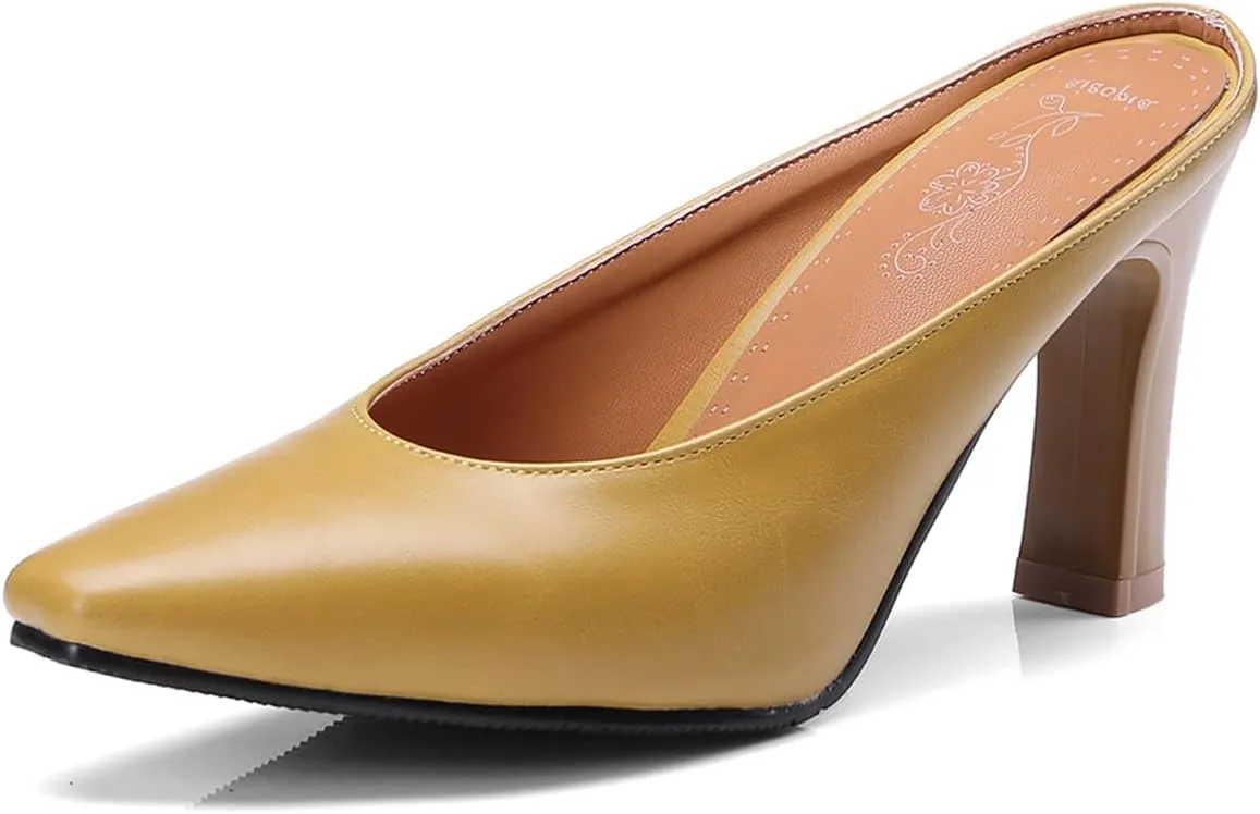 Women's Basic High Chunky Heel Mules for Women Pointed Toe Slip-On Backless Slide Sandals Pumps Work Casual Fashion Business Dress Party Office Comfortable Leather Shoes