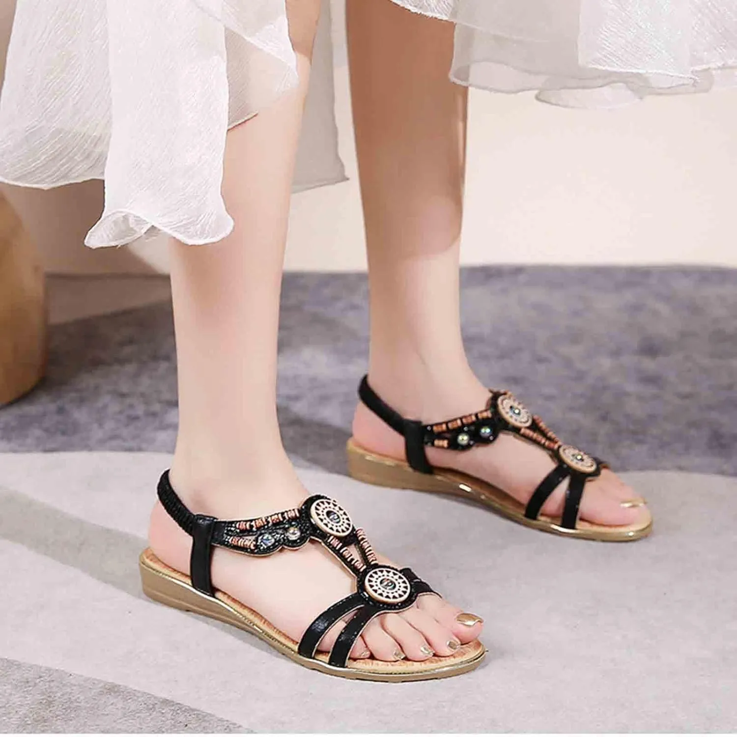 Womens Black Flat Sandals Comfortable Casual Dress Bohemian Walking Sandal Summer Shoes Boho Hiking Workout Shoe Dressy