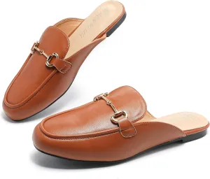 Women's Black Mules: Round Toe, Backless, Slides, Comfortable, Metal Buckle