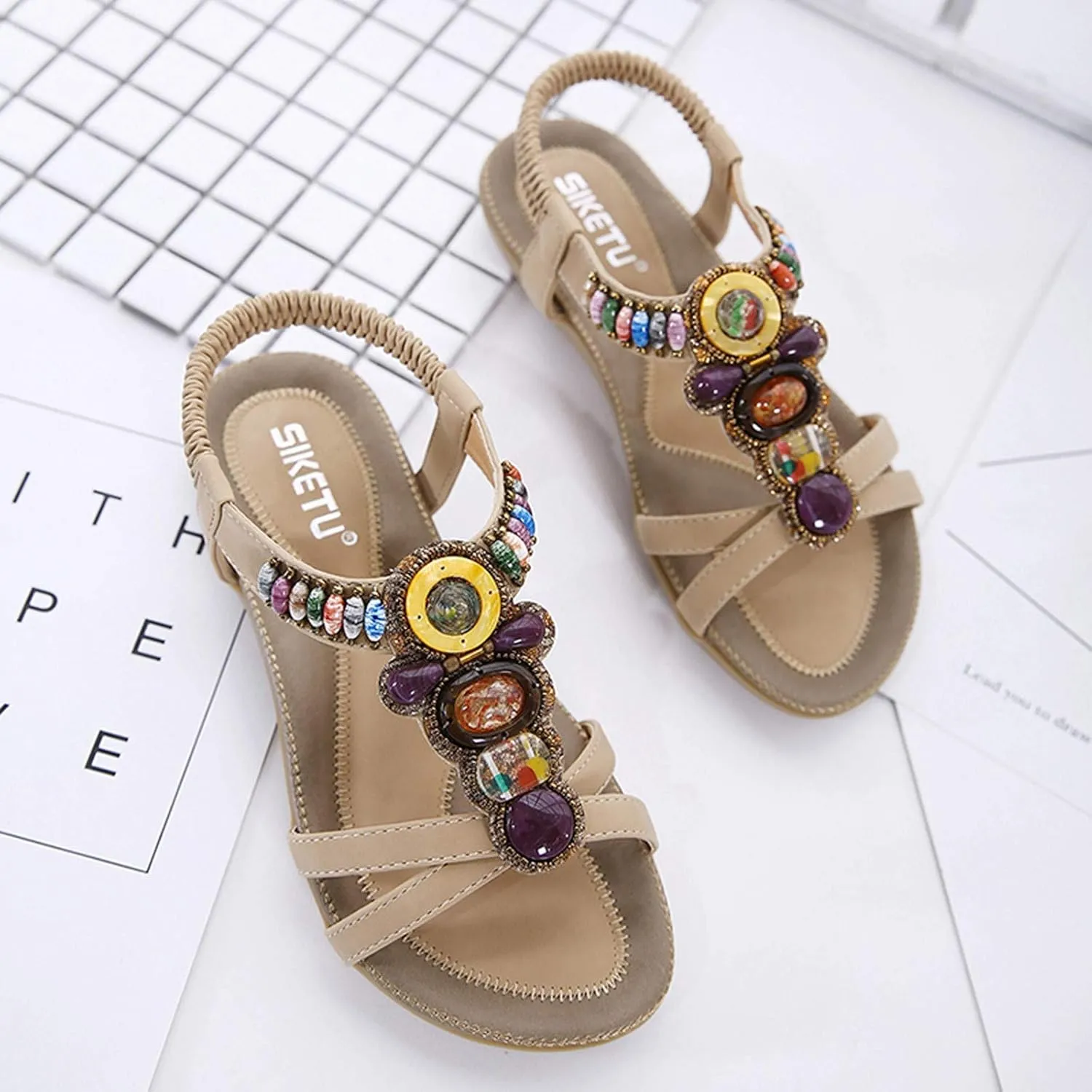Womens Bohemian Flat Flip Flops Sandals T Strap Beaded Flower Flat Sandals Boho Rhinestone Slingback Beach Shoes