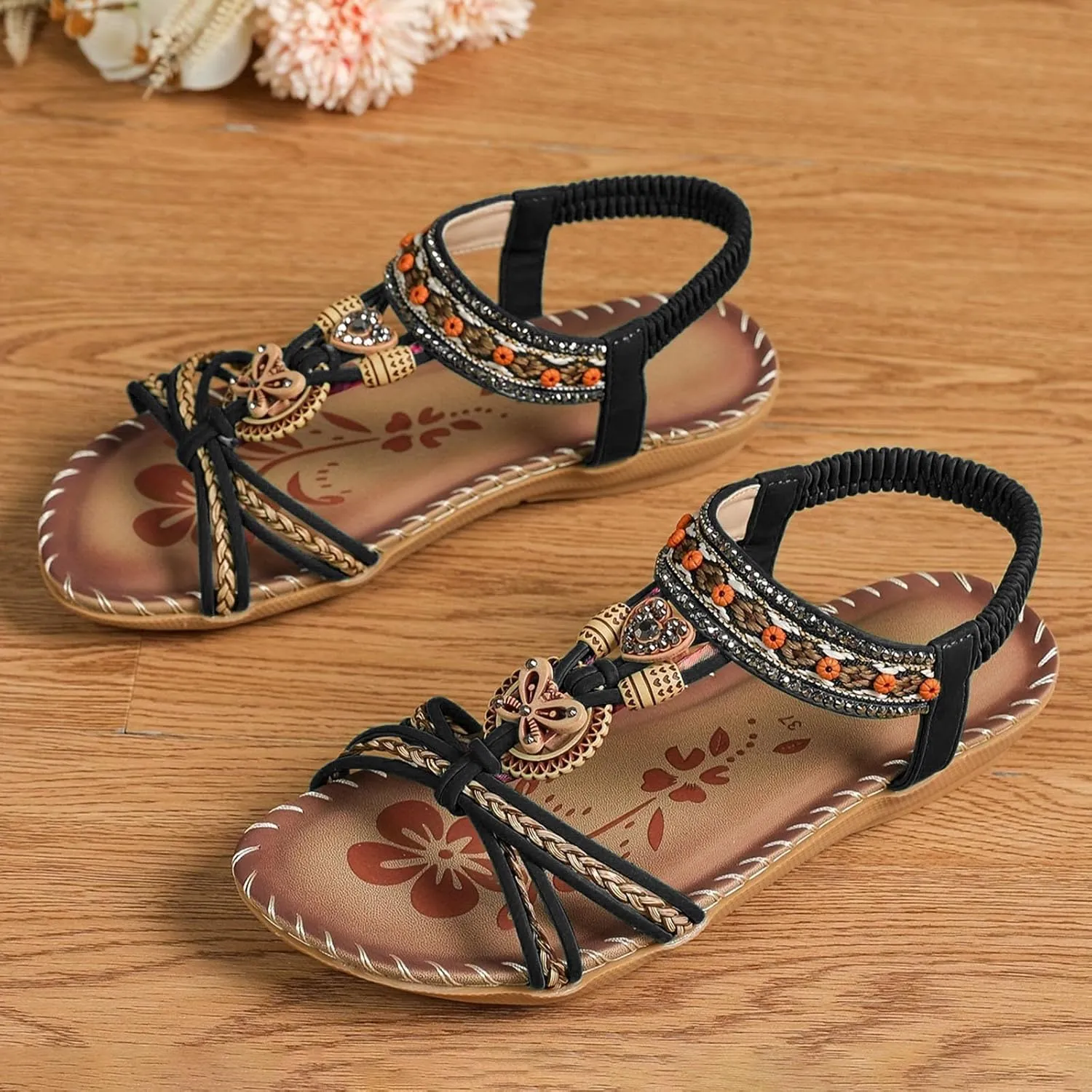 Womens Bohemian Pearl Crystal Sandals Wide Width Comfort Walking Non Slip Casual Summer Beach Dress Flats Shoes