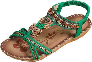 Womens Bohemian Pearl Crystal Sandals Wide Width Comfort Walking Non Slip Casual Summer Beach Dress Flats Shoes