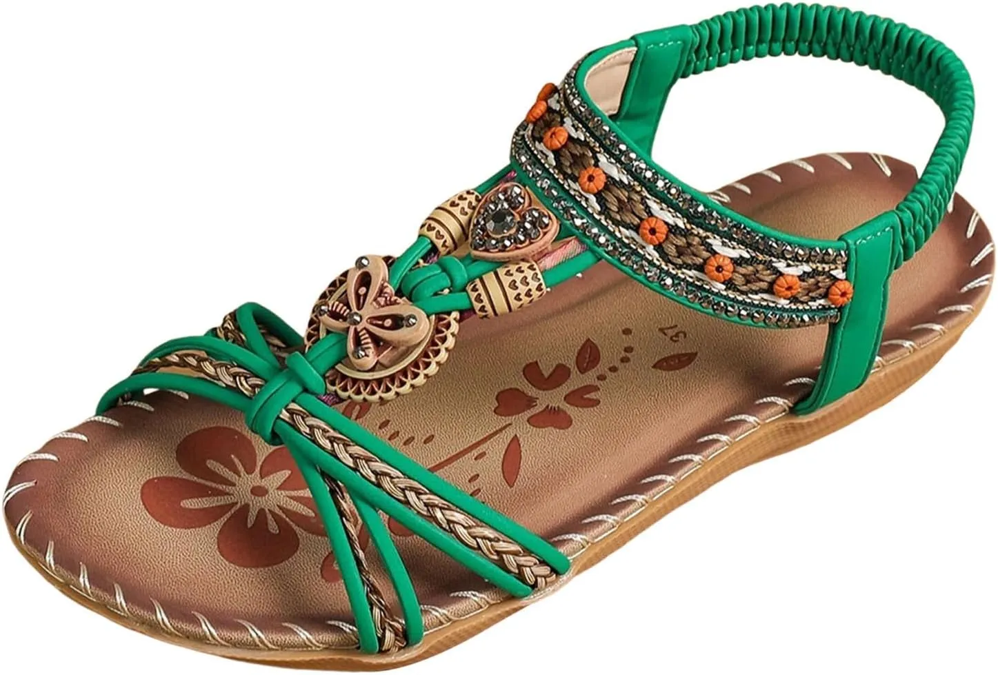 Womens Bohemian Pearl Crystal Sandals Wide Width Comfort Walking Non Slip Casual Summer Beach Dress Flats Shoes