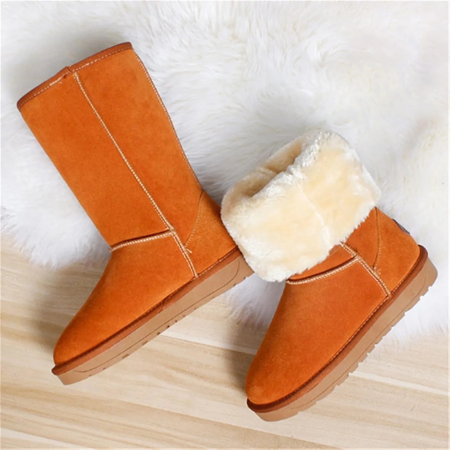 Womens Boots Genuine leather women's winter high boots High cowhide snow boots Plush flat bottomed warm boots.