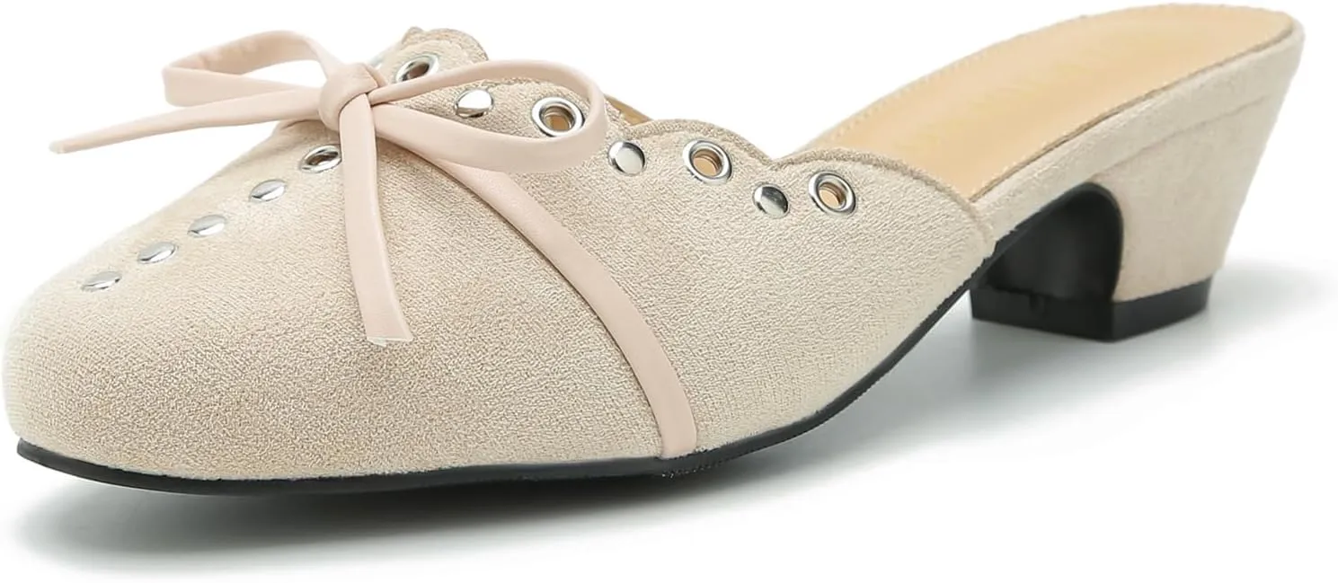 Women's Bow Heels Mules Pointed Toe Low Block Chunky Heeled Backless Slip on Slippers Sandals Comfortable Dress Work Shoes