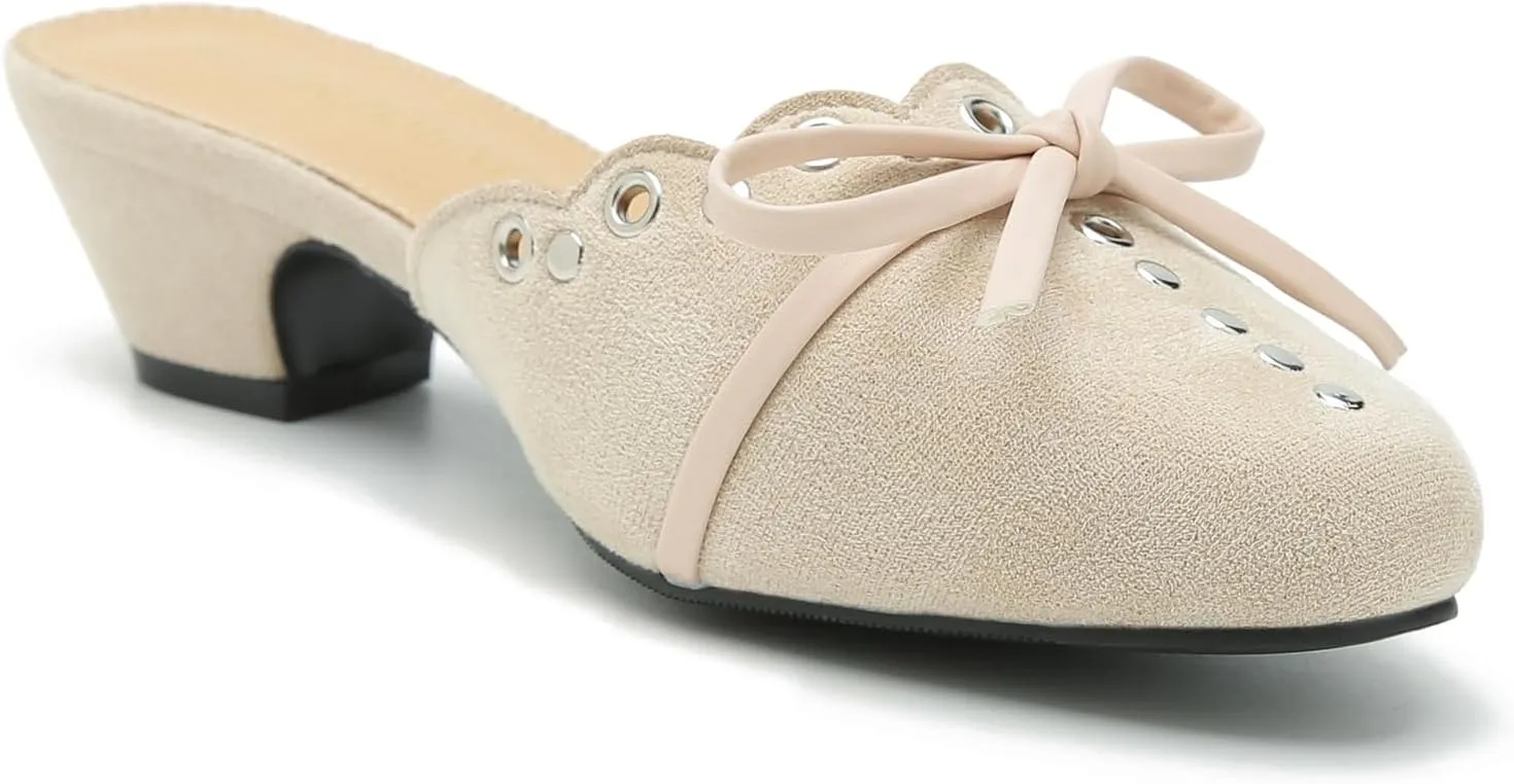 Women's Bow Heels Mules Pointed Toe Low Block Chunky Heeled Backless Slip on Slippers Sandals Comfortable Dress Work Shoes