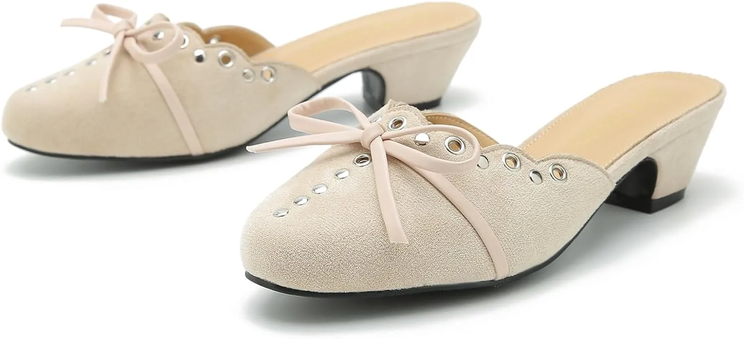Women's Bow Heels Mules Pointed Toe Low Block Chunky Heeled Backless Slip on Slippers Sandals Comfortable Dress Work Shoes