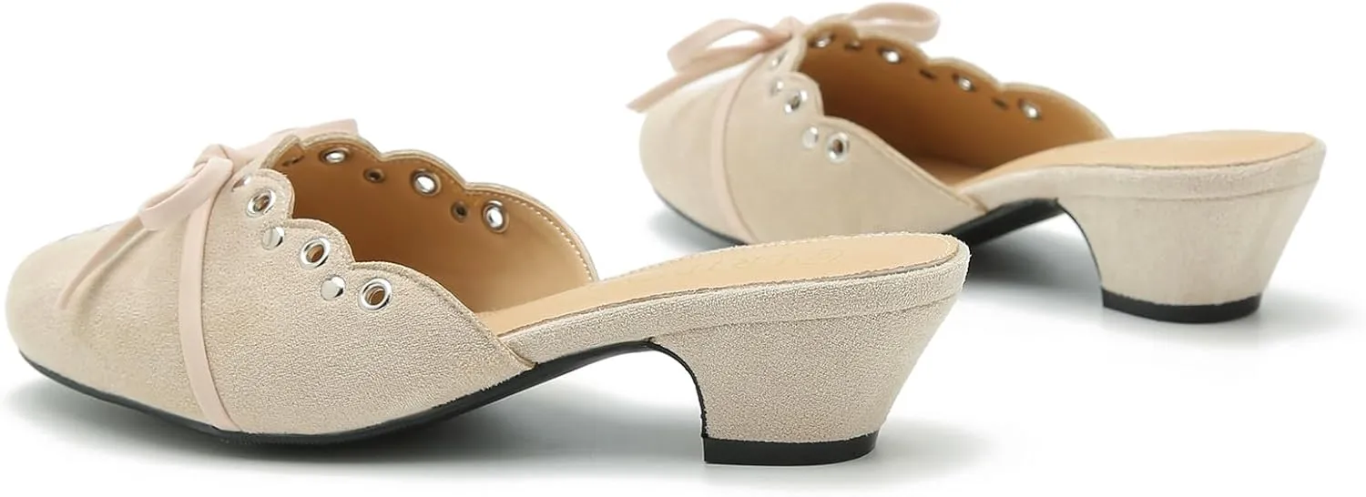 Women's Bow Heels Mules Pointed Toe Low Block Chunky Heeled Backless Slip on Slippers Sandals Comfortable Dress Work Shoes