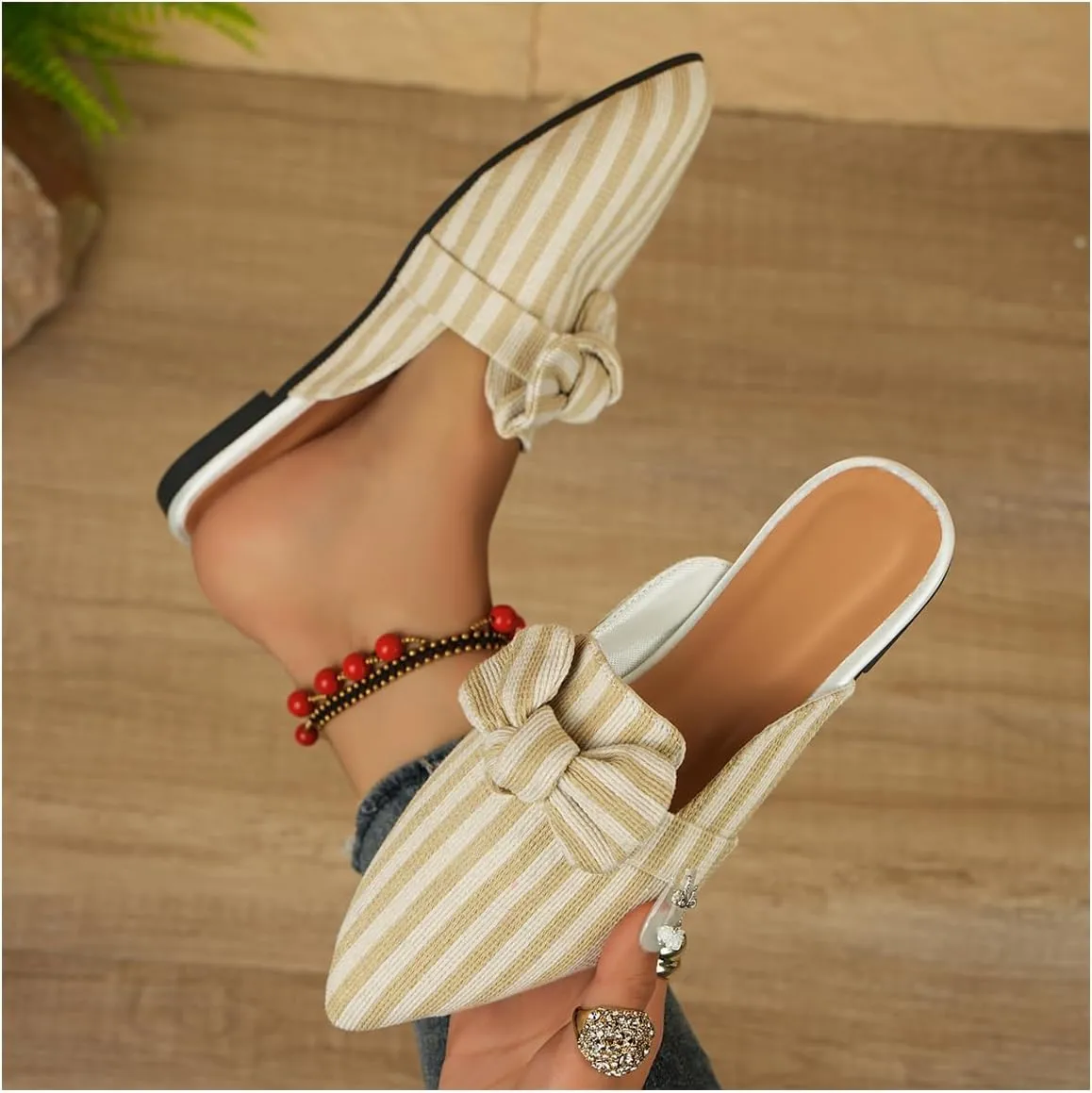 Women's Bow Mules Dressy Pointed Toe Flat Shoes Backless Loafers Slide Sandals Casual Slides Work Shoes