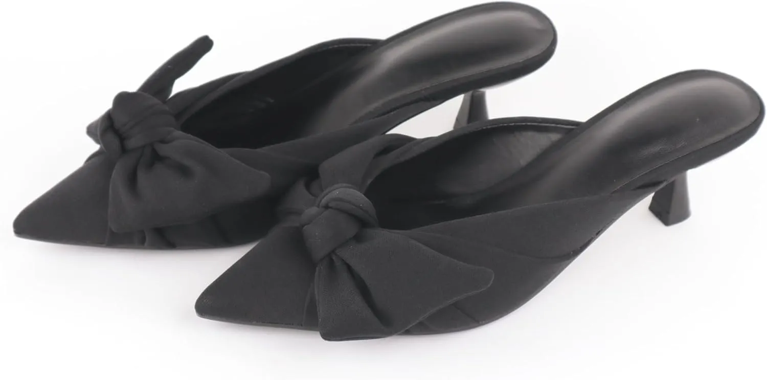 Women's Bow Pointed Toe Mules, Slip-on Closed Pointed Toe Kitten Heel Sandals for Office, Evening, Comfortable Designer Slides in Black, Red, Leopard Print