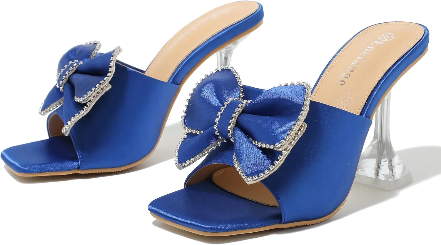 Women's Bowknot High Heel Mule Sandals Clear Heels Square Toe Satin Bow Mules Backless Slip on Slippers Comfortable Wedding Party Dress Shoes