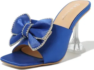 Women's Bowknot High Heel Mule Sandals Clear Heels Square Toe Satin Bow Mules Backless Slip on Slippers Comfortable Wedding Party Dress Shoes