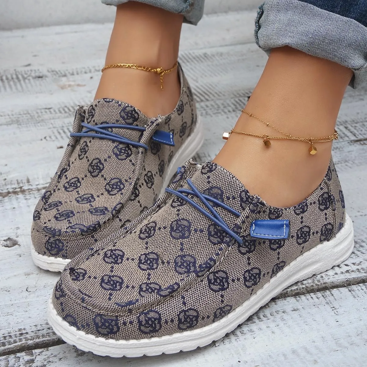 Women's Breathable Canvas Floral Slip On Wide Casual Loafers Outdoor Walking Low Top Sport Knit Deck Shoes Casual Comfortable Round Toe Lace Up Boat Shoes
