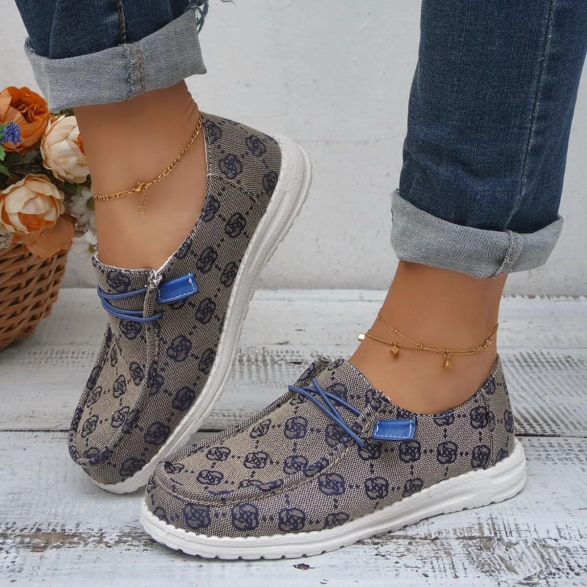 Women's Breathable Canvas Floral Slip On Wide Casual Loafers Outdoor Walking Low Top Sport Knit Deck Shoes Casual Comfortable Round Toe Lace Up Boat Shoes