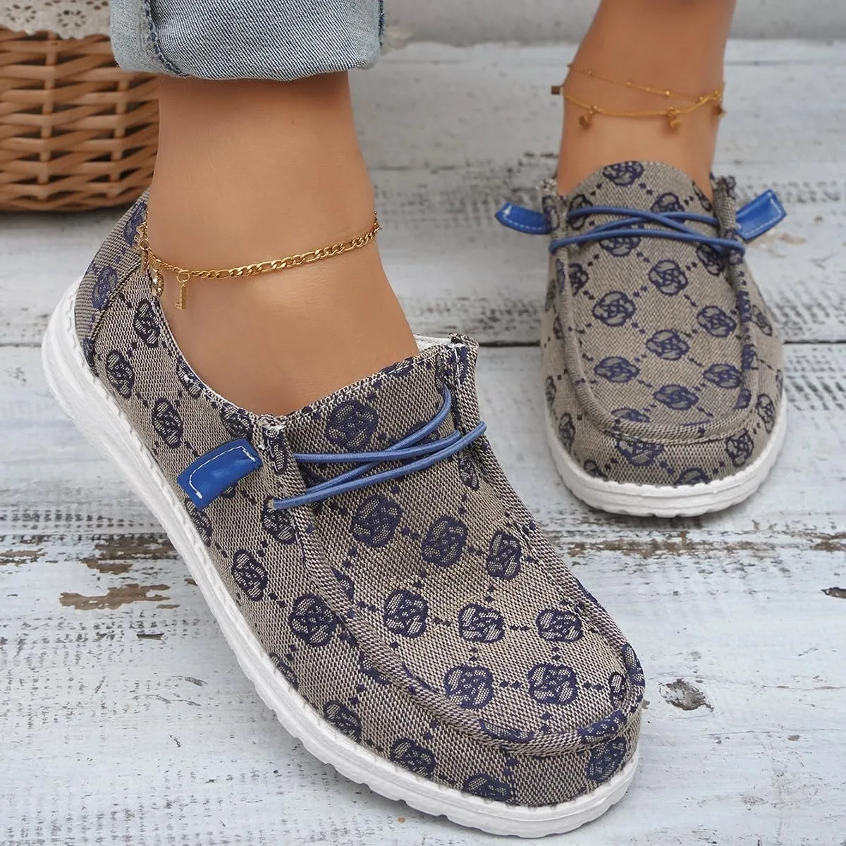Women's Breathable Canvas Floral Slip On Wide Casual Loafers Outdoor Walking Low Top Sport Knit Deck Shoes Casual Comfortable Round Toe Lace Up Boat Shoes