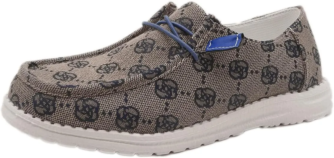 Women's Breathable Canvas Floral Slip On Wide Casual Loafers Outdoor Walking Low Top Sport Knit Deck Shoes Casual Comfortable Round Toe Lace Up Boat Shoes