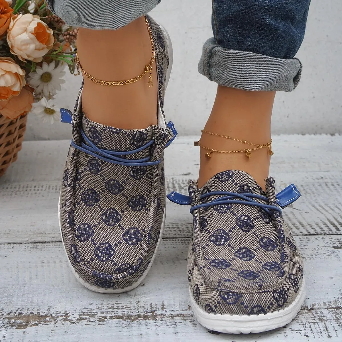 Women's Breathable Canvas Floral Slip On Wide Casual Loafers Outdoor Walking Low Top Sport Knit Deck Shoes Casual Comfortable Round Toe Lace Up Boat Shoes