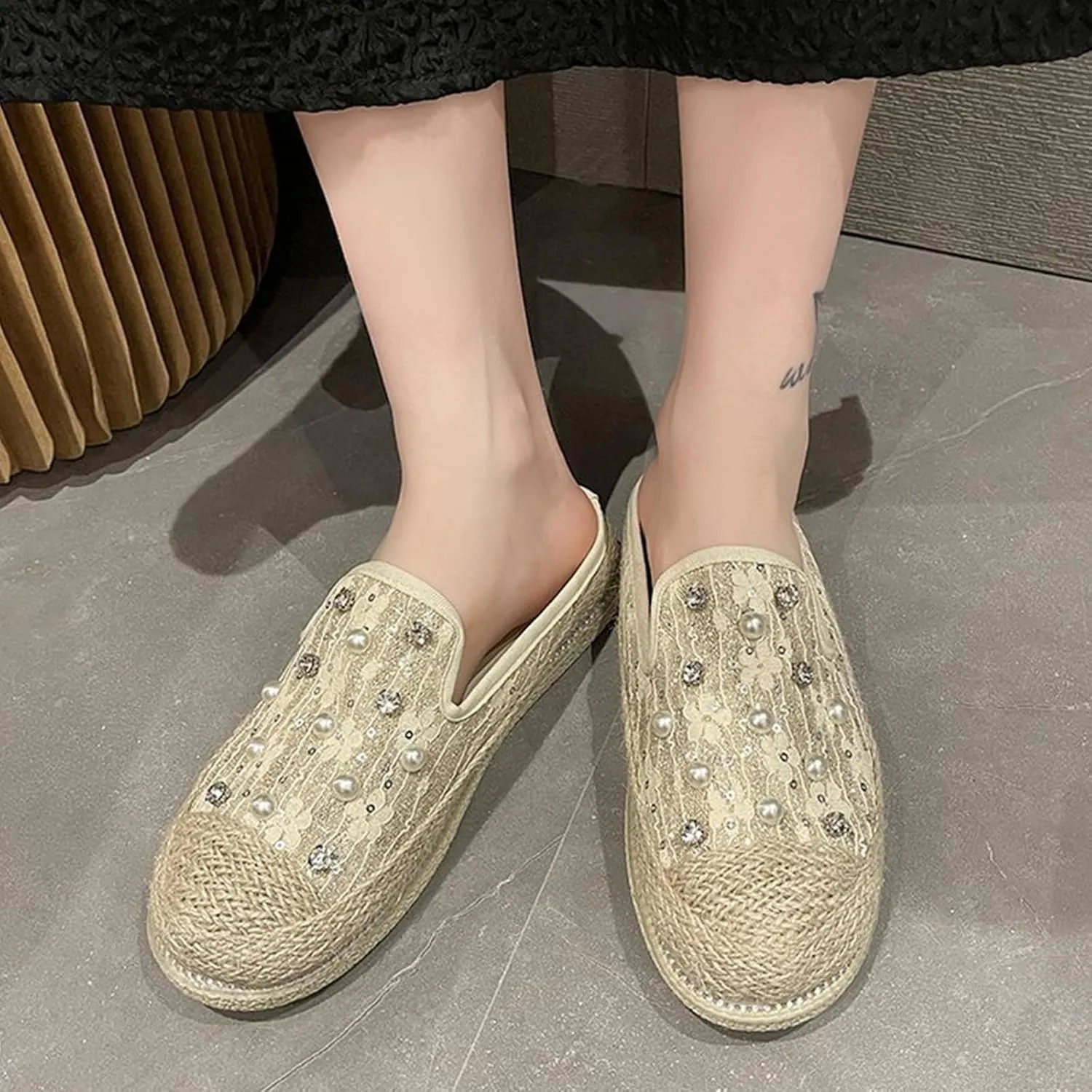 Womens Canvas Platform Espadrille Mules with Sparkly Pearls Rhinestone Fashion Comfort Slip-On Flat Slippers for Party Prom Casual Shoes