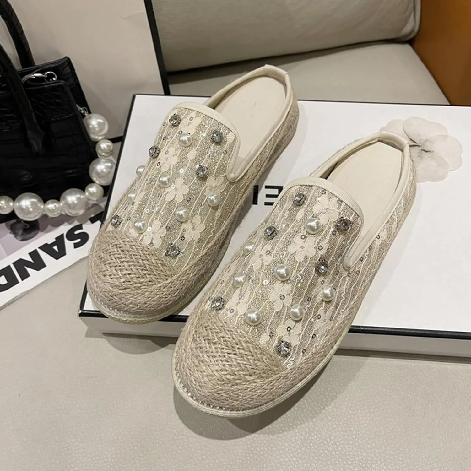 Womens Canvas Platform Espadrille Mules with Sparkly Pearls Rhinestone Fashion Comfort Slip-On Flat Slippers for Party Prom Casual Shoes