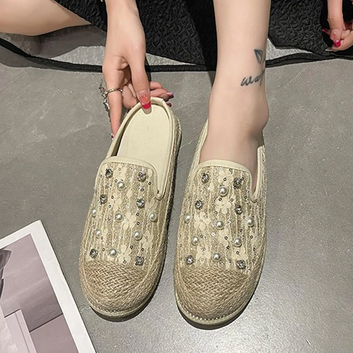 Womens Canvas Platform Espadrille Mules with Sparkly Pearls Rhinestone Fashion Comfort Slip-On Flat Slippers for Party Prom Casual Shoes