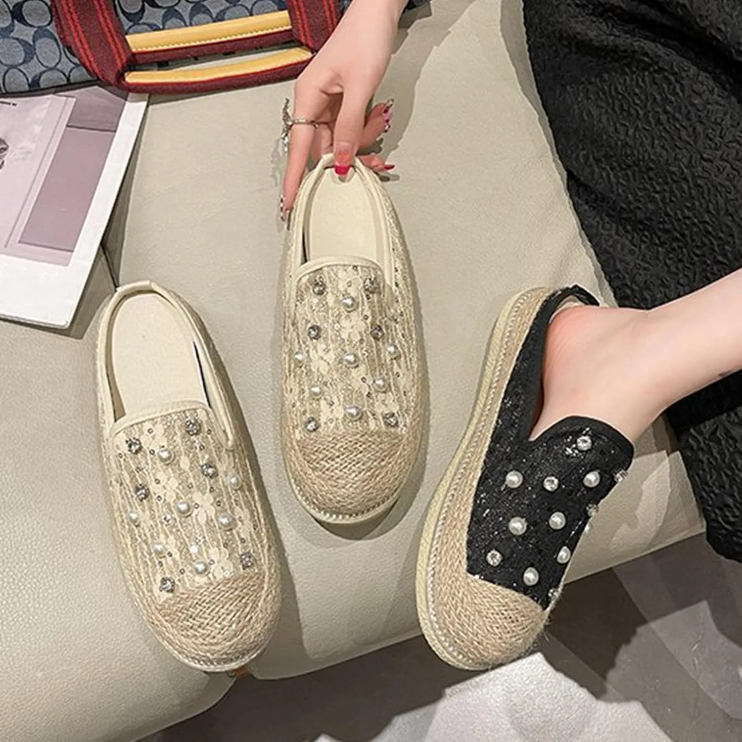 Womens Canvas Platform Espadrille Mules with Sparkly Pearls Rhinestone Fashion Comfort Slip-On Flat Slippers for Party Prom Casual Shoes
