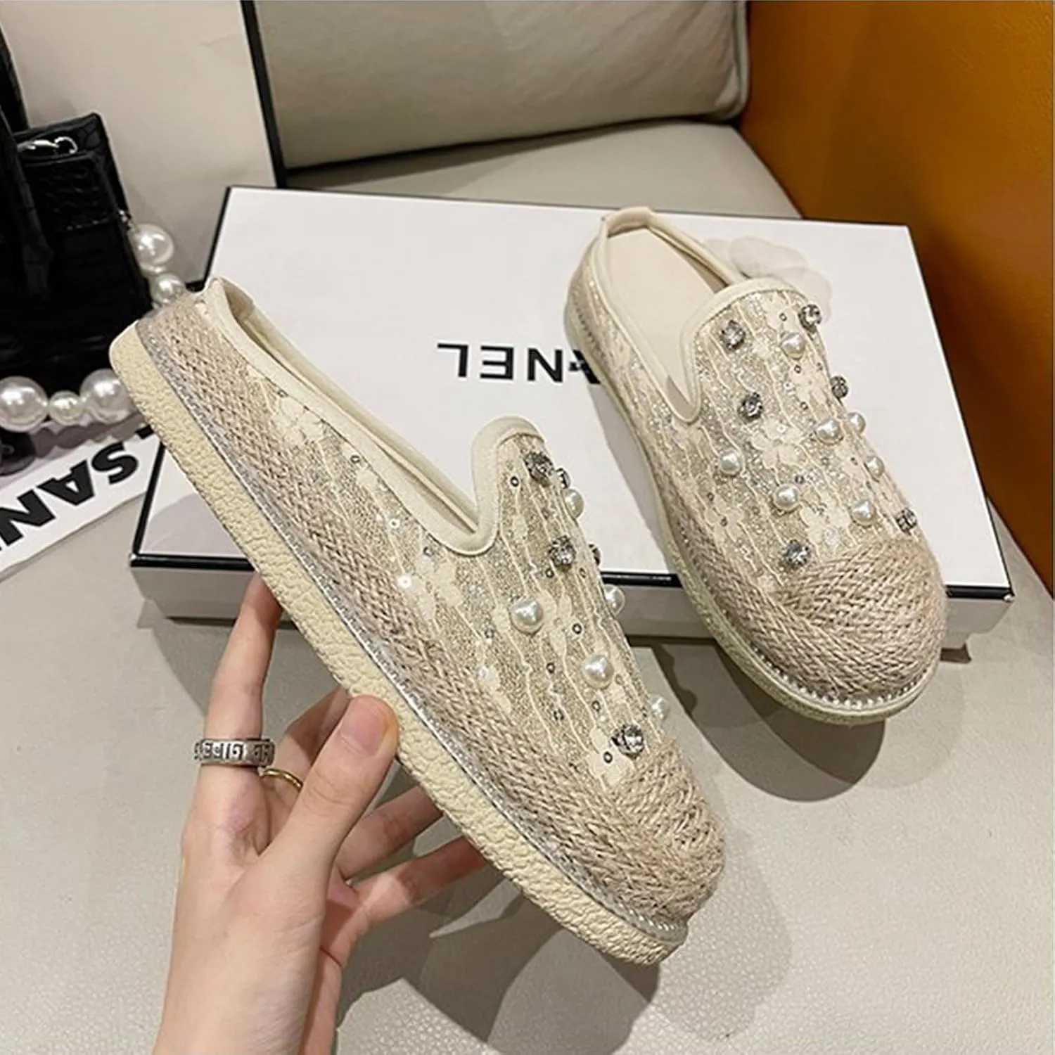 Womens Canvas Platform Espadrille Mules with Sparkly Pearls Rhinestone Fashion Comfort Slip-On Flat Slippers for Party Prom Casual Shoes