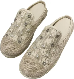 Womens Canvas Platform Espadrille Mules with Sparkly Pearls Rhinestone Fashion Comfort Slip-On Flat Slippers for Party Prom Casual Shoes