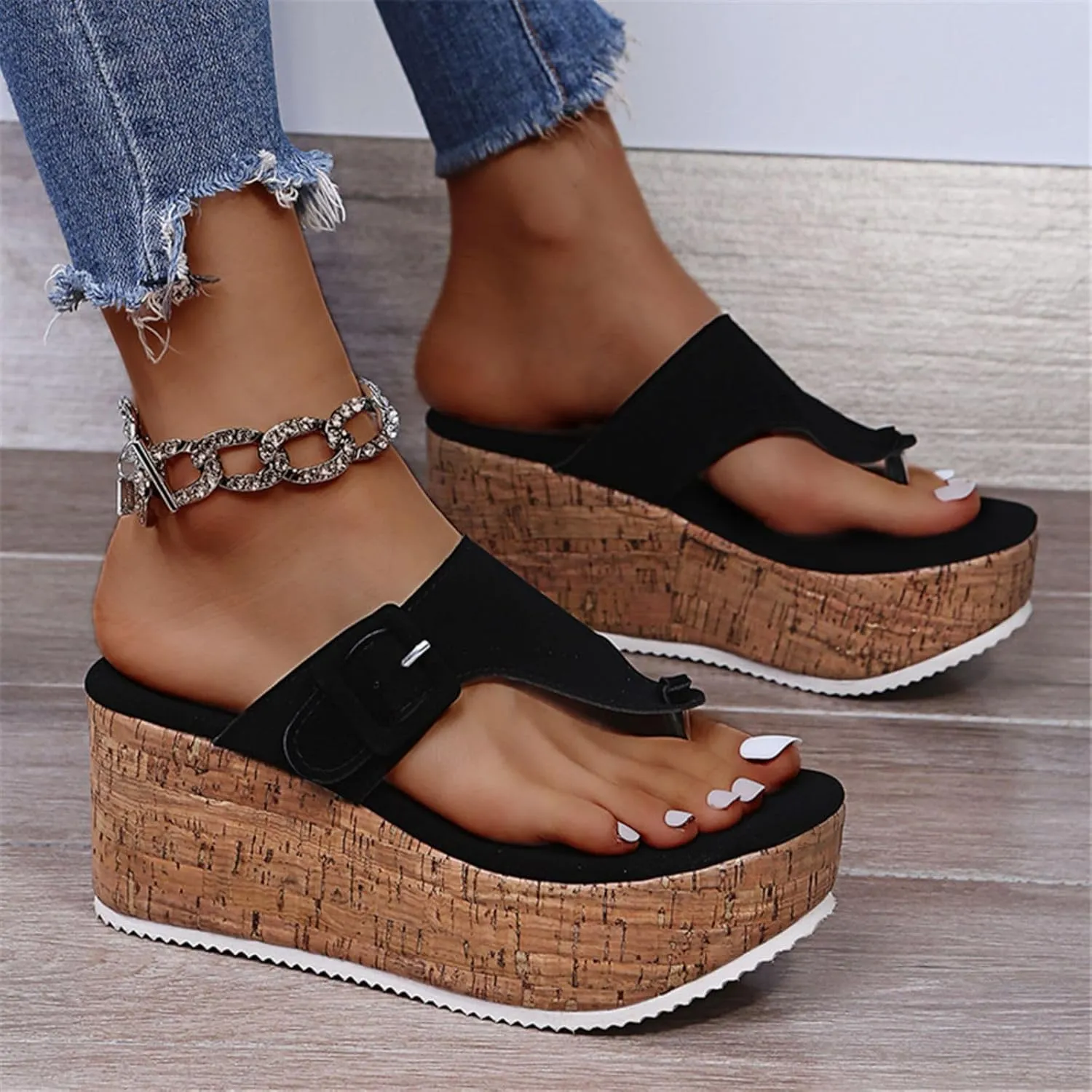 Women's Casual Open Toe Cork Wedge Flipflops Sandals Slip On Metallic Platform High Heel Thong Sandal 2025 Comfortable Flip Flops Clip Sandals Comfort Dressy Summer Espadrille Wedges Outdoor