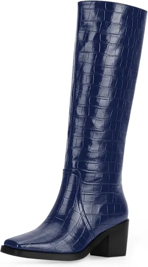 Women's Chunky Heel Square Toe Knee High Boots Slip On Patent Leather Crocodile Boots