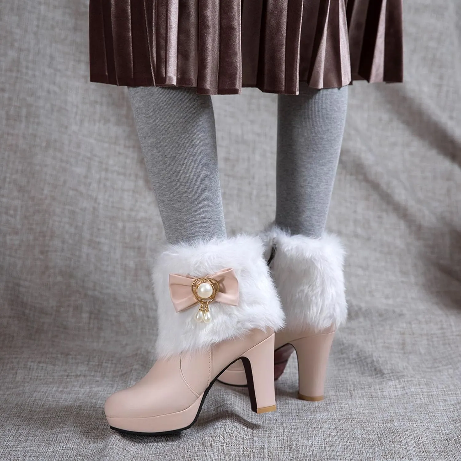 Women's Chunky Platform Ankle Booties Cute Furry Winter Warm Boots Block High Heels Fluffy Short Boot
