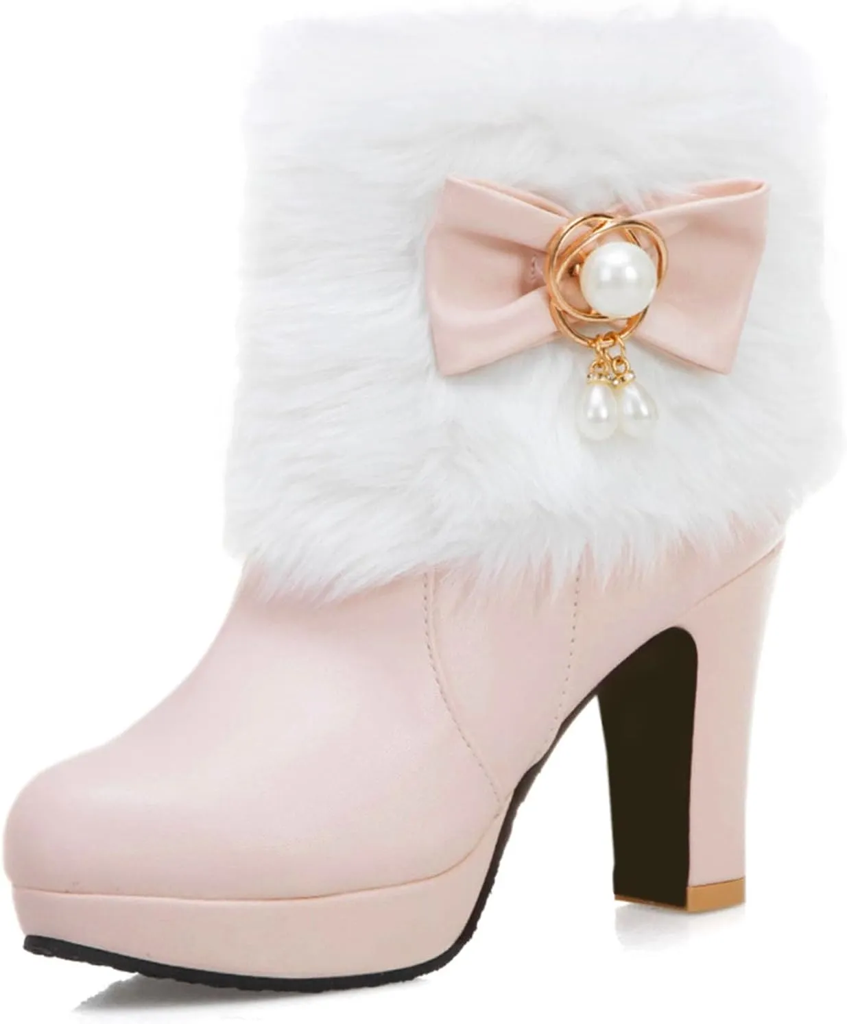 Women's Chunky Platform Ankle Booties Cute Furry Winter Warm Boots Block High Heels Fluffy Short Boot