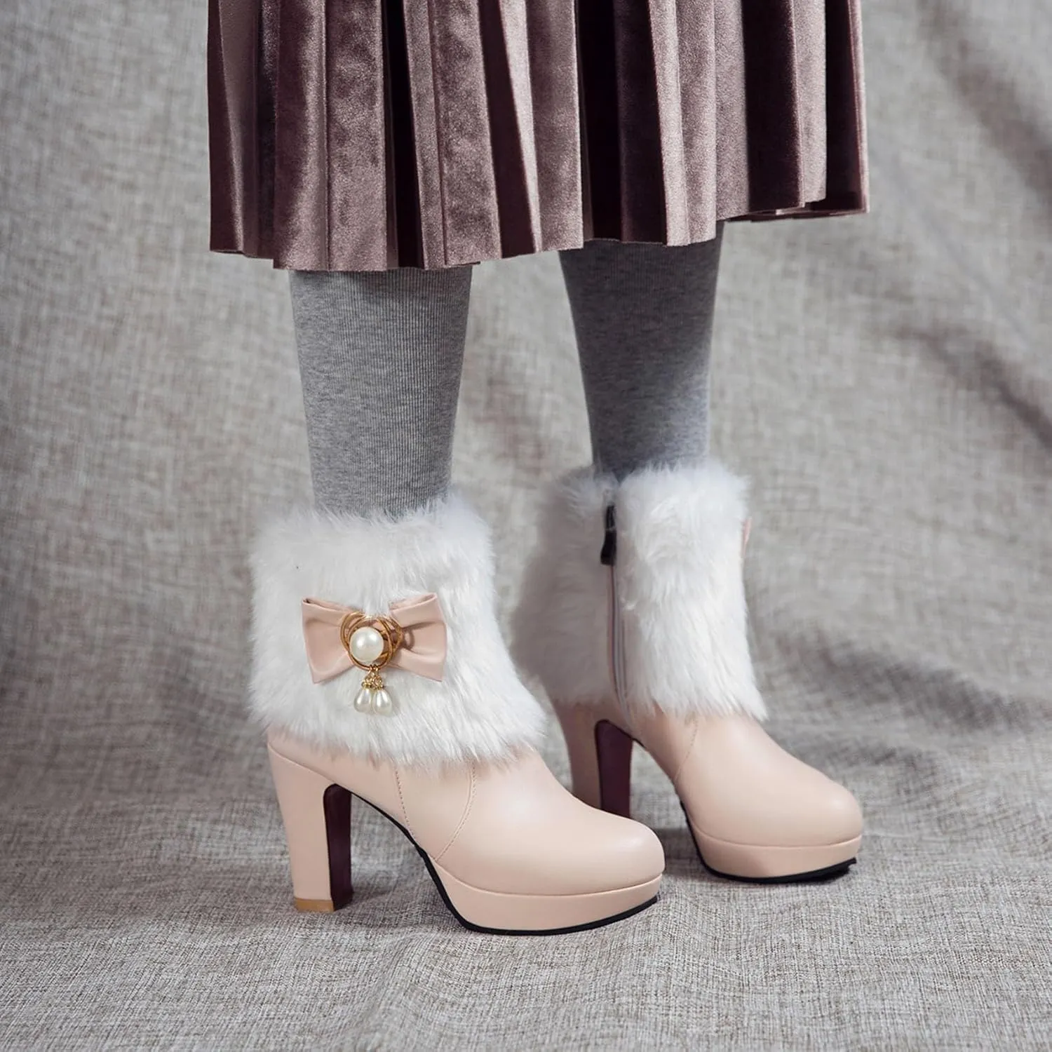 Women's Chunky Platform Ankle Booties Cute Furry Winter Warm Boots Block High Heels Fluffy Short Boot