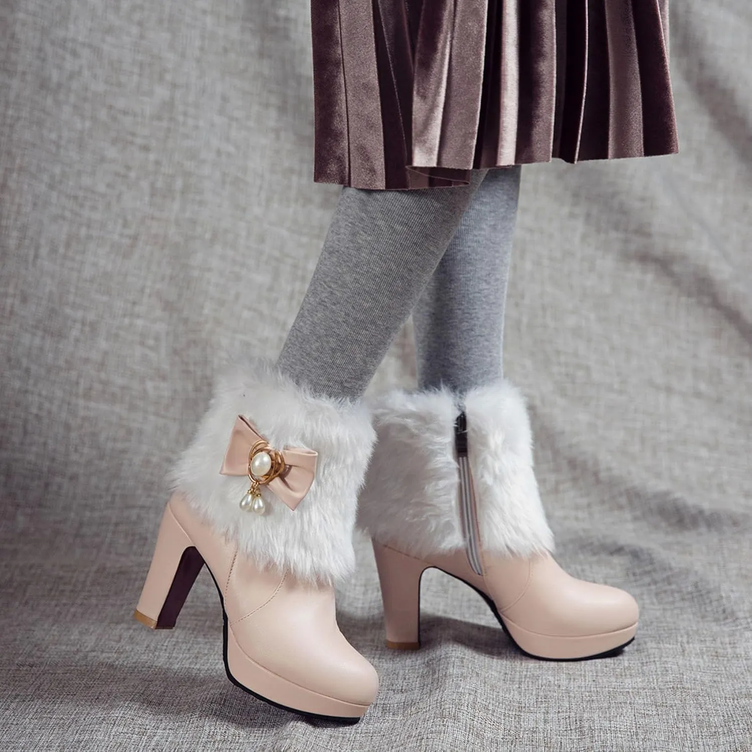 Women's Chunky Platform Ankle Booties Cute Furry Winter Warm Boots Block High Heels Fluffy Short Boot