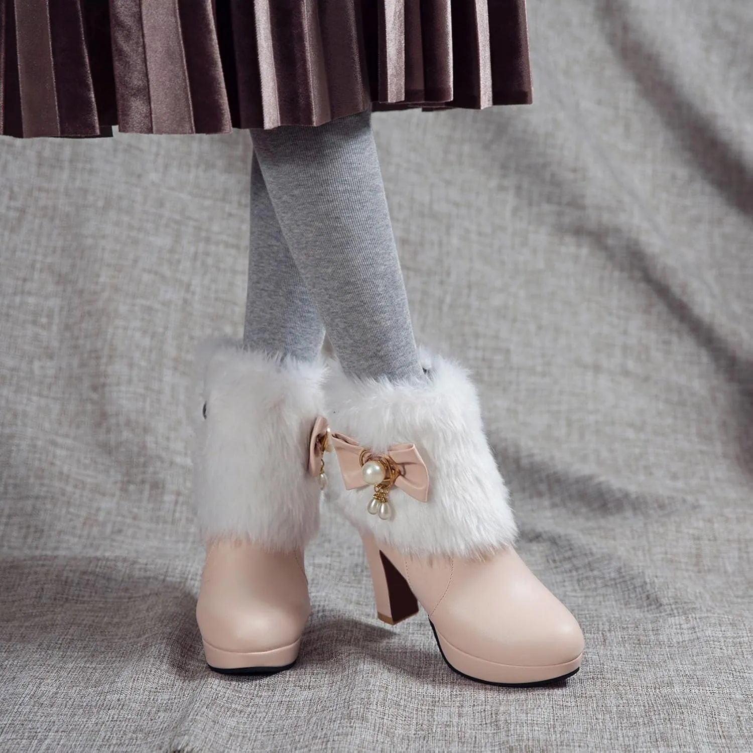 Women's Chunky Platform Ankle Booties Cute Furry Winter Warm Boots Block High Heels Fluffy Short Boot