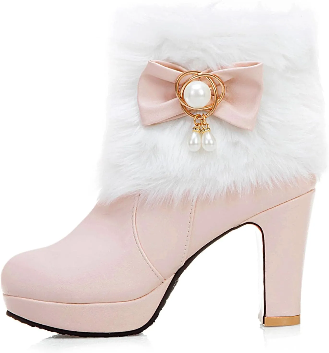 Women's Chunky Platform Ankle Booties Cute Furry Winter Warm Boots Block High Heels Fluffy Short Boot