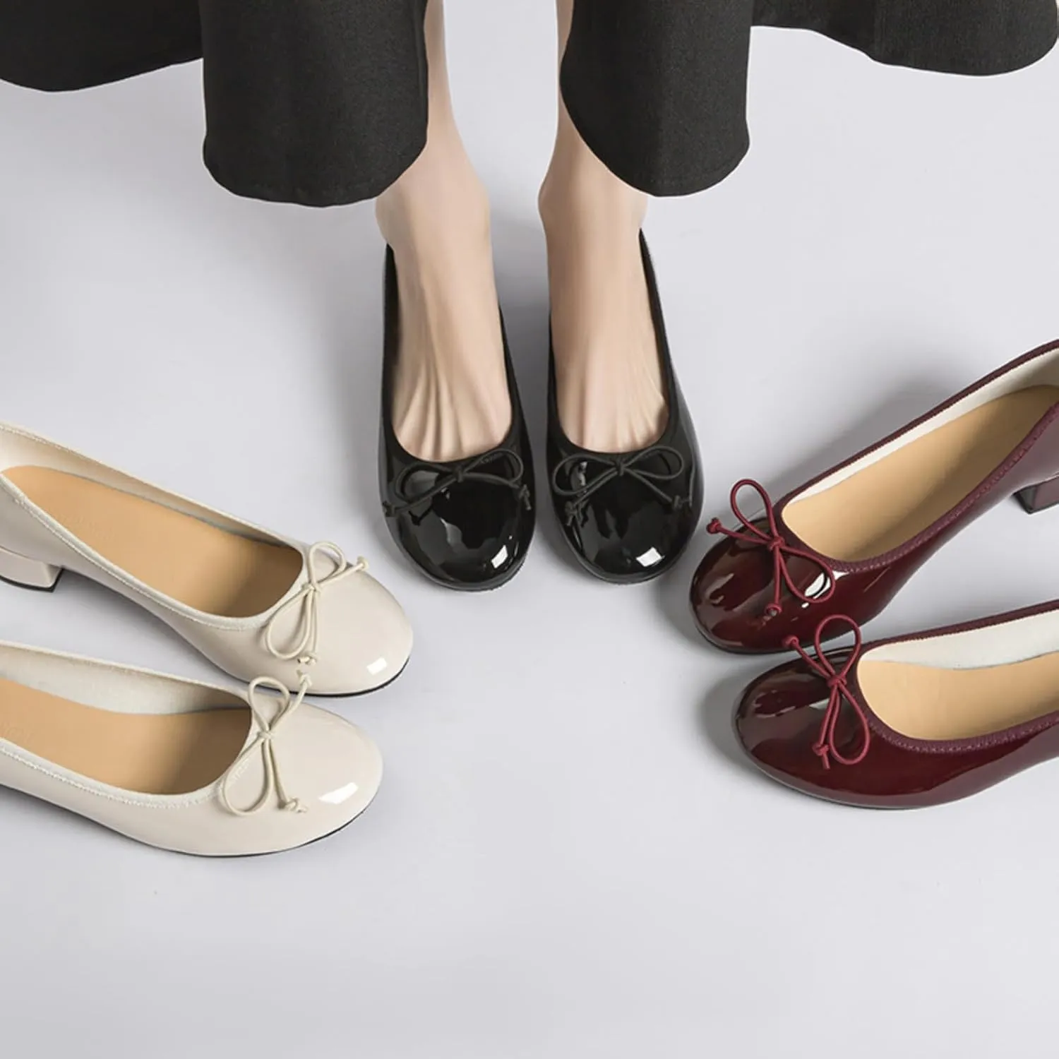 Women's Classic Closed Round Toe Patent Leather Bow Block Heel Loafers - Retro Shallow Slip-On Low Heel Casual Office Dress Shoes