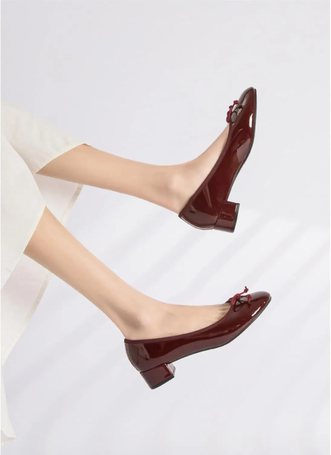 Women's Classic Closed Round Toe Patent Leather Bow Block Heel Loafers - Retro Shallow Slip-On Low Heel Casual Office Dress Shoes