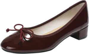 Women's Classic Closed Round Toe Patent Leather Bow Block Heel Loafers - Retro Shallow Slip-On Low Heel Casual Office Dress Shoes