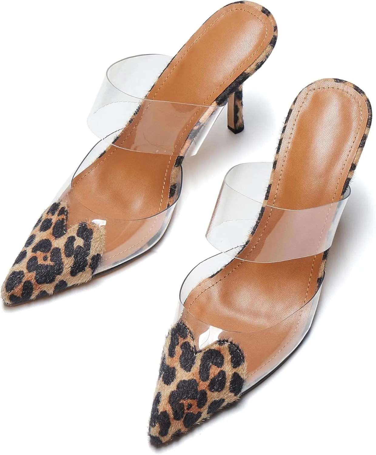 Women's Clear PVC Heeled Sandals Closed Pointed Toe Heart Cut Mules Transparent Slingback Pumps Summer Stiletto High Heels Party Prom Dress Shoes