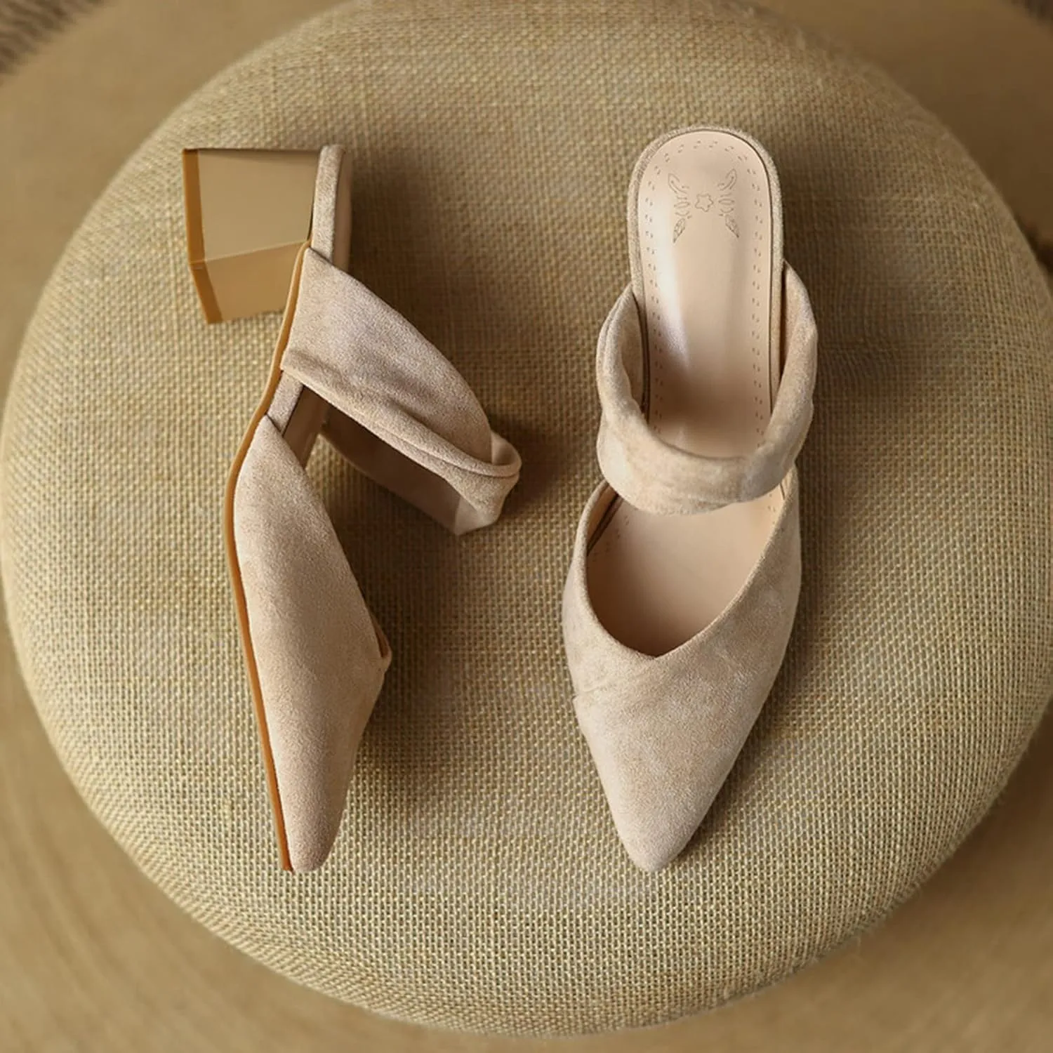 Women's Closed Pointed Toe Dress Mules Faux Suede Chunky Mid Heel Comfort Slip On Office Slipper Shoes