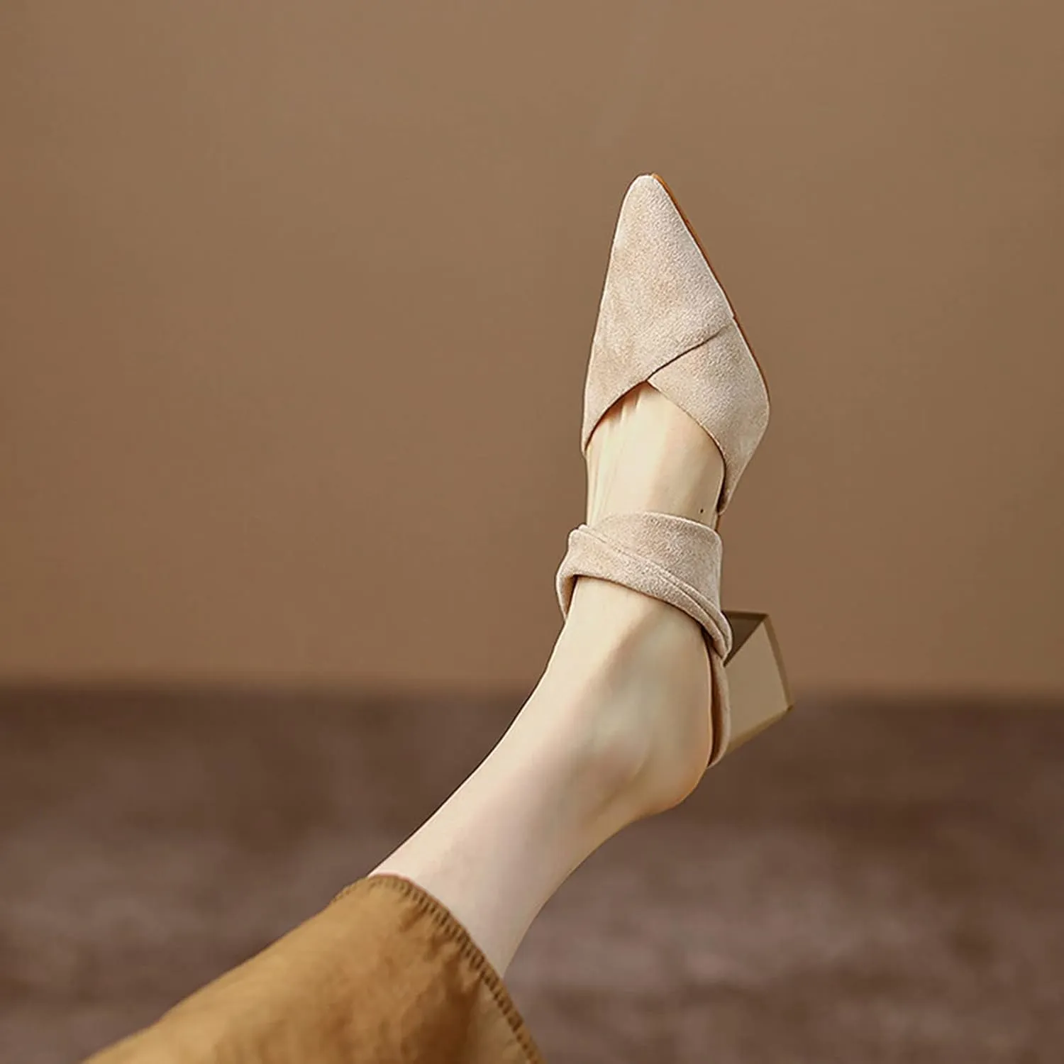 Women's Closed Pointed Toe Dress Mules Faux Suede Chunky Mid Heel Comfort Slip On Office Slipper Shoes